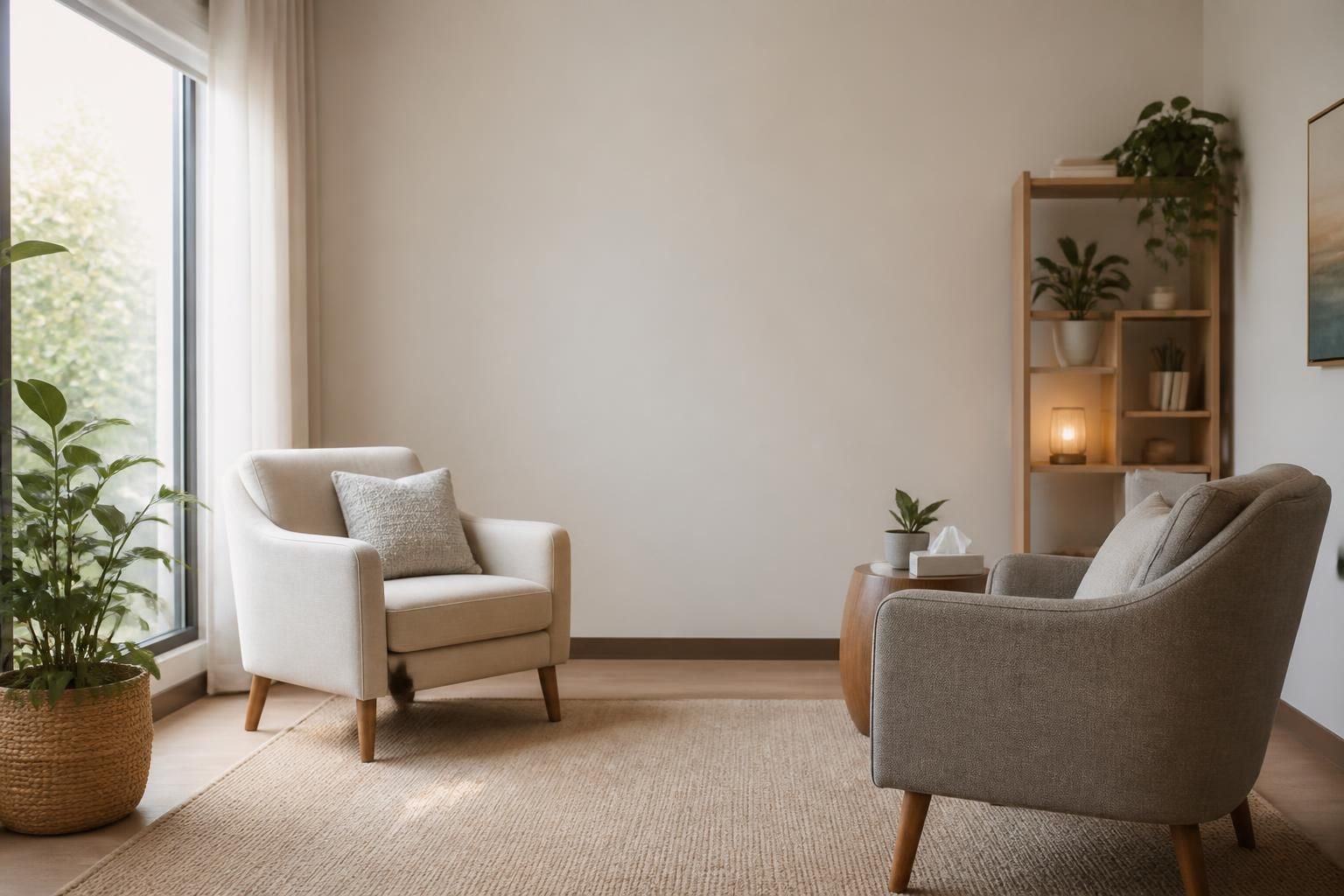 Serene counseling space with open room for text overlay