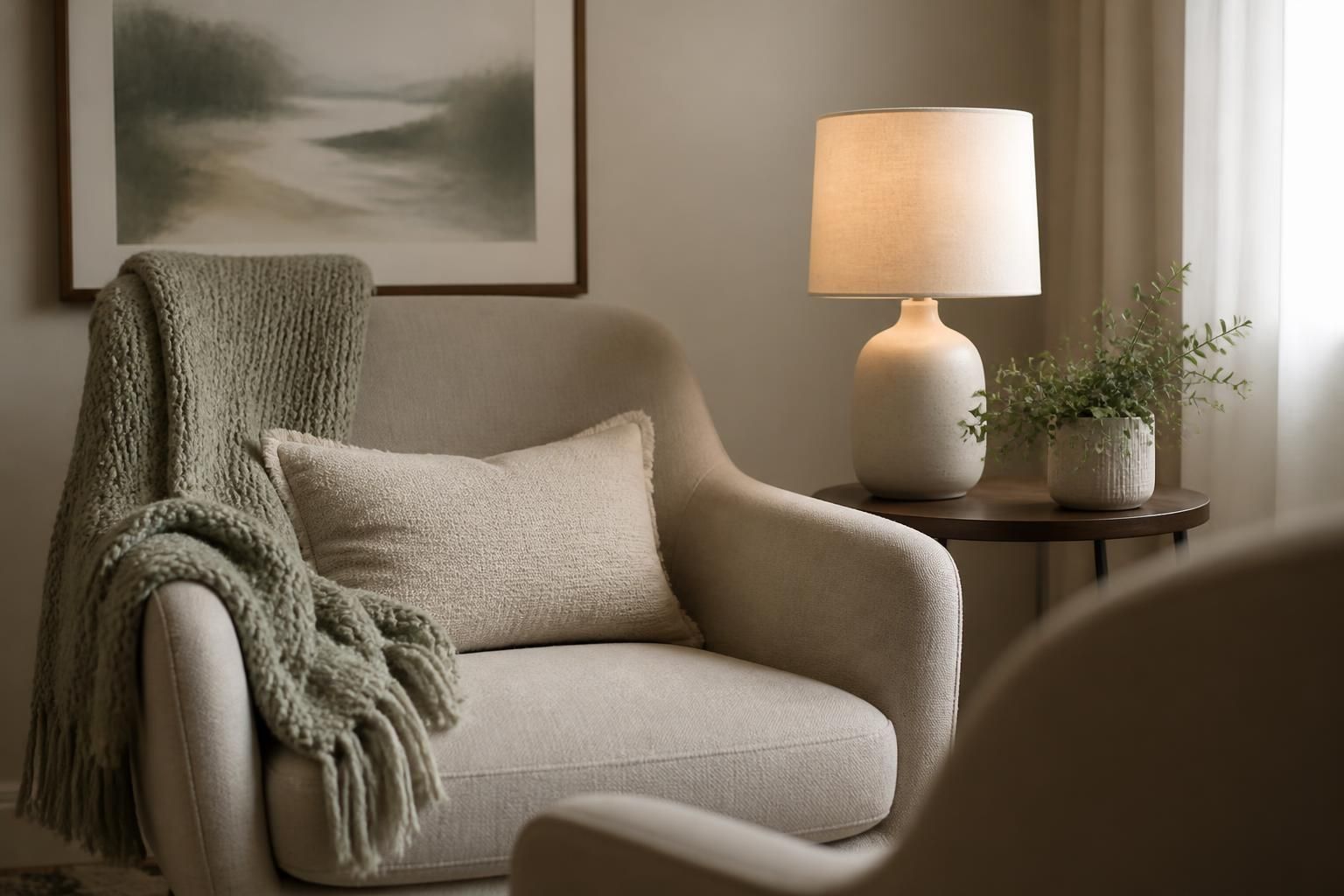 Close-up of a calming therapy room detail with chair and soft textures