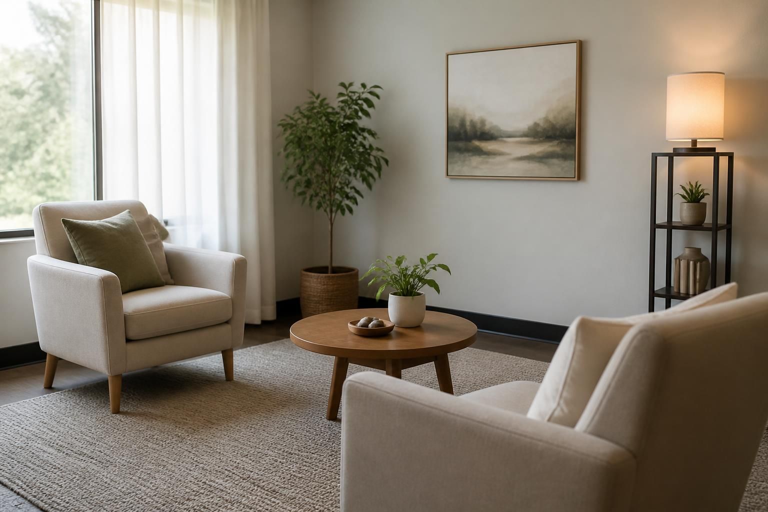 Warm modern counseling office with soft natural light and calm furnishings