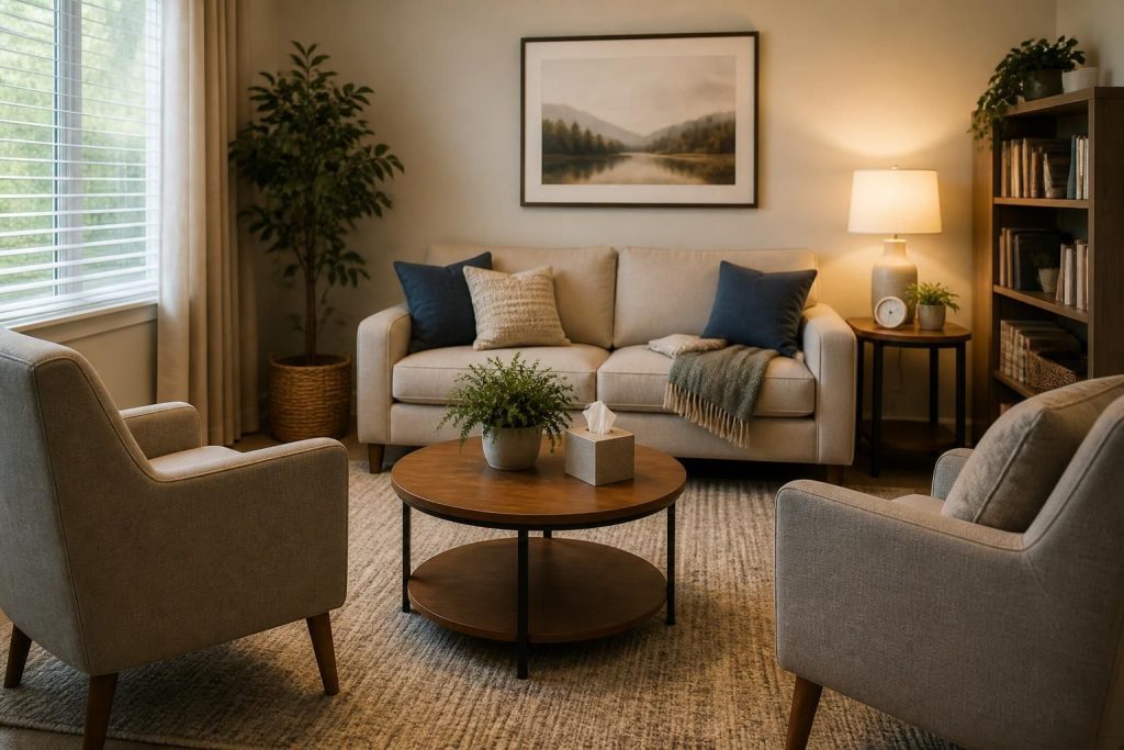 Welcoming family counseling room with comfortable seating and warm tones