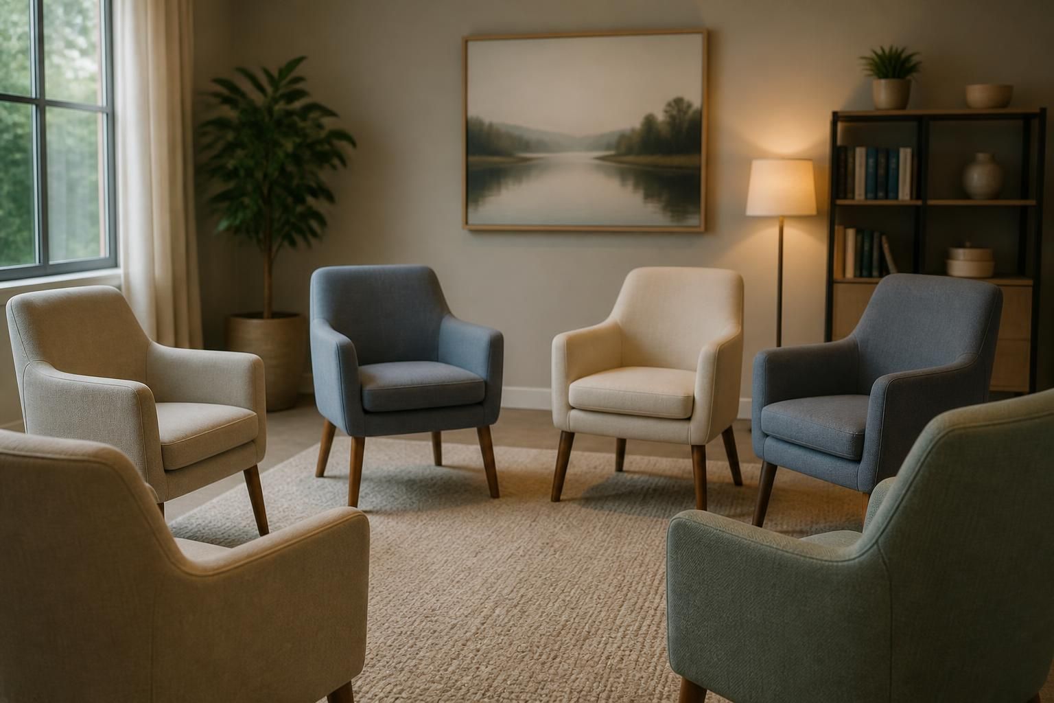 Welcoming group therapy room with a circle of chairs
