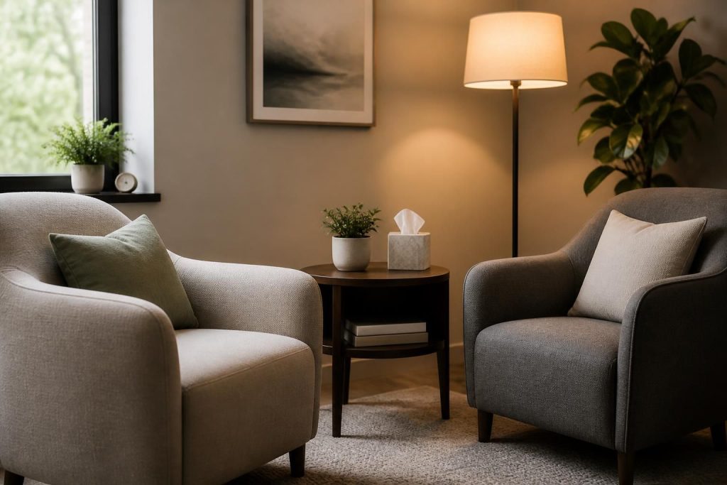 Quiet counseling room with two chairs and a small table