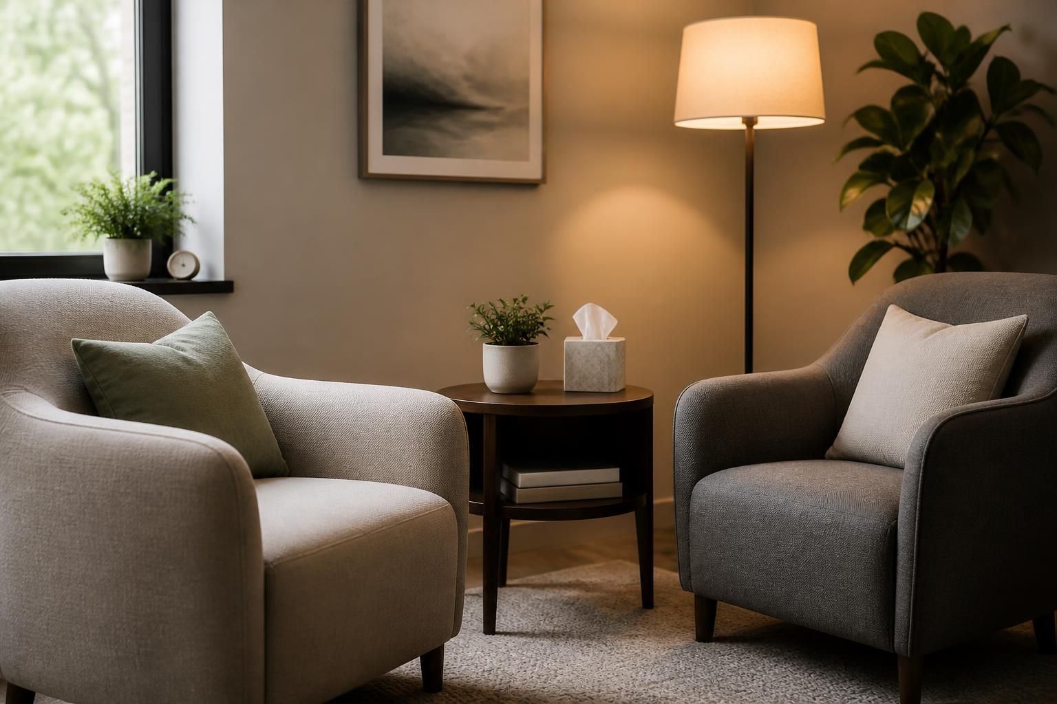 Quiet counseling room with two chairs and a small table