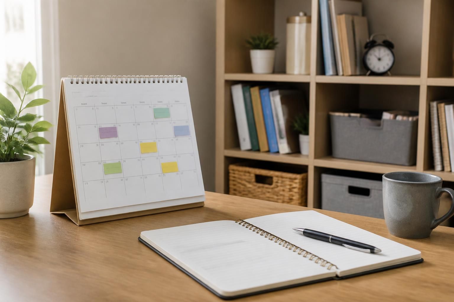 Organized support space with notebook and calendar for life skills