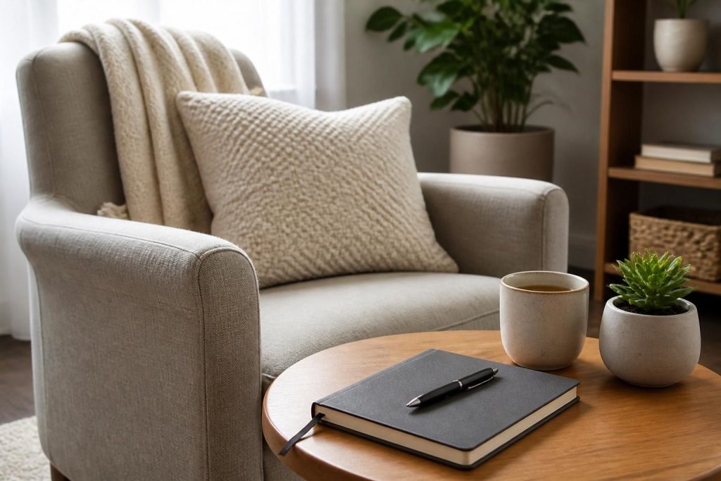 Calm recovery maintenance space with journal and neutral decor