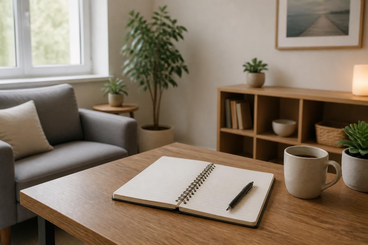 Structured recovery planning space with calm neutral surroundings