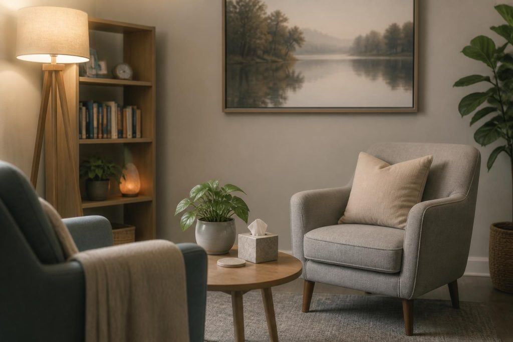Calm recovery counseling space with supportive seating and soft light