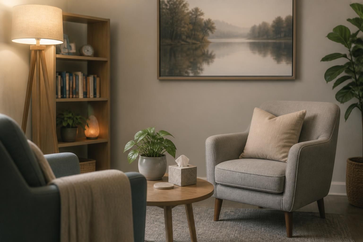 Calm recovery counseling space with supportive seating and soft light