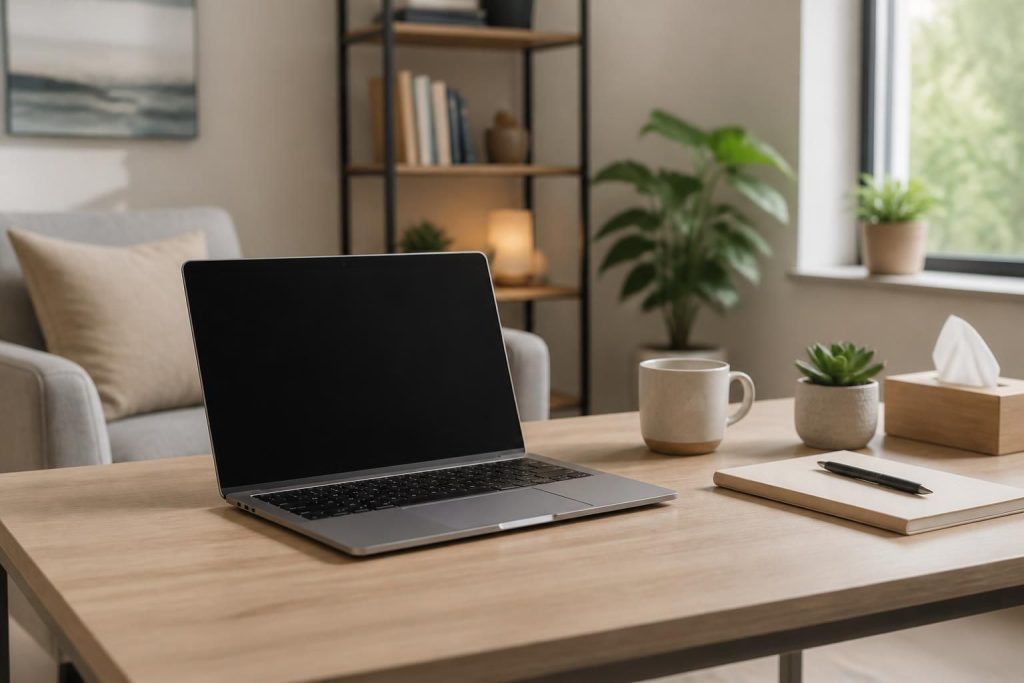 Modern telehealth setup with laptop in a quiet counseling space