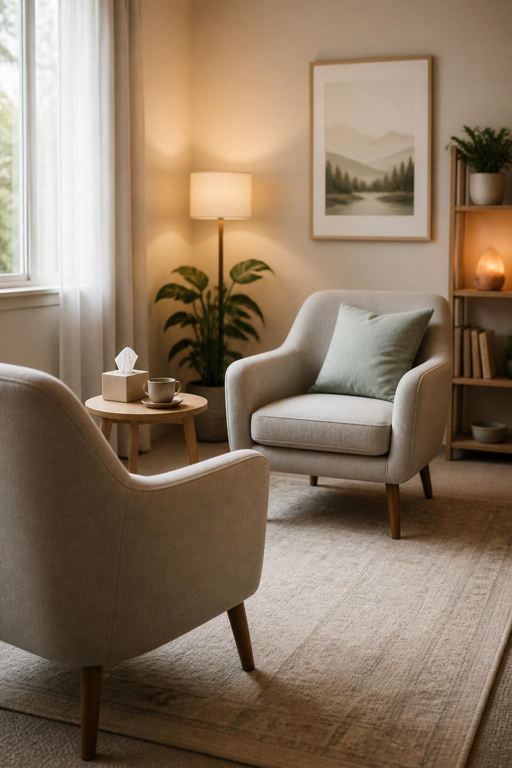 Inviting therapy room with comfortable seating and calming neutral decor